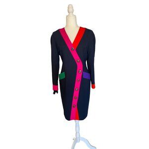 Vintage RB Design Group 100% Wool Colorblock Dress With Bold Buttons - Size S